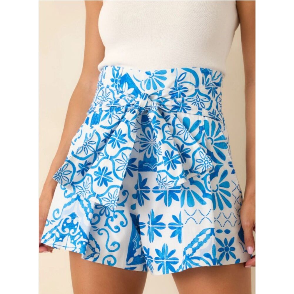Prosperina High-Waist Cotton Shorts Blue White Floral Size S
